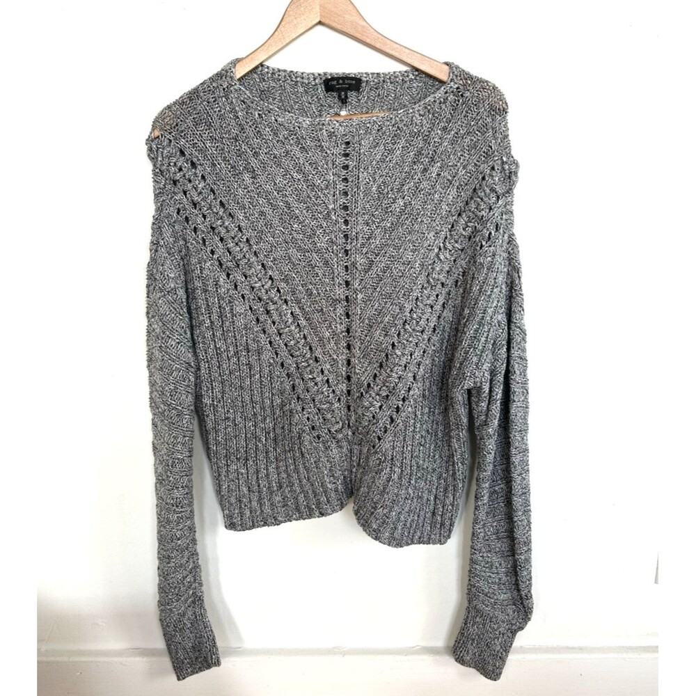 Rag & Bone Grey Crochet Knit  Detail Boat Neck Cropped Cotton Sweater Size M